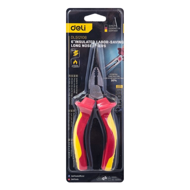 DELI μυτοτσίμπιδο ίσιο ηλεκτρολόγου DL512106 με αντιολισθητικές λαβές, VDE 1000V, 160mm