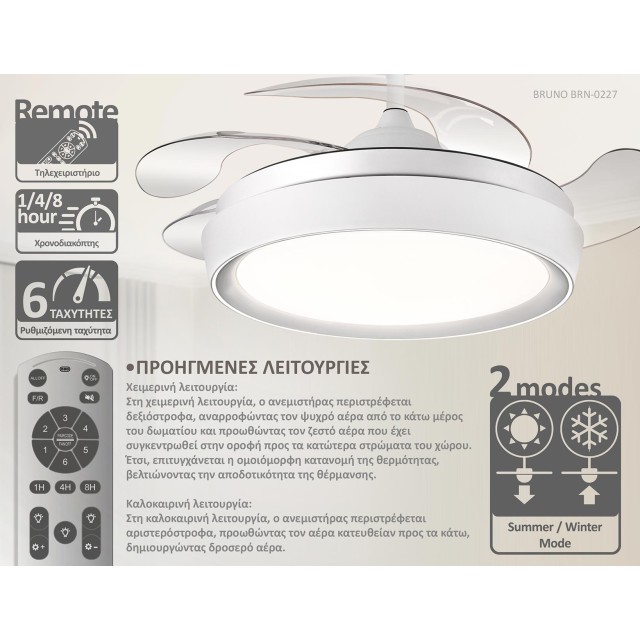 BRUNO BRN-0227 Ανεμιστήρας οροφής με LED φως, AC 82W, 42", O107x47εκ., λευκός