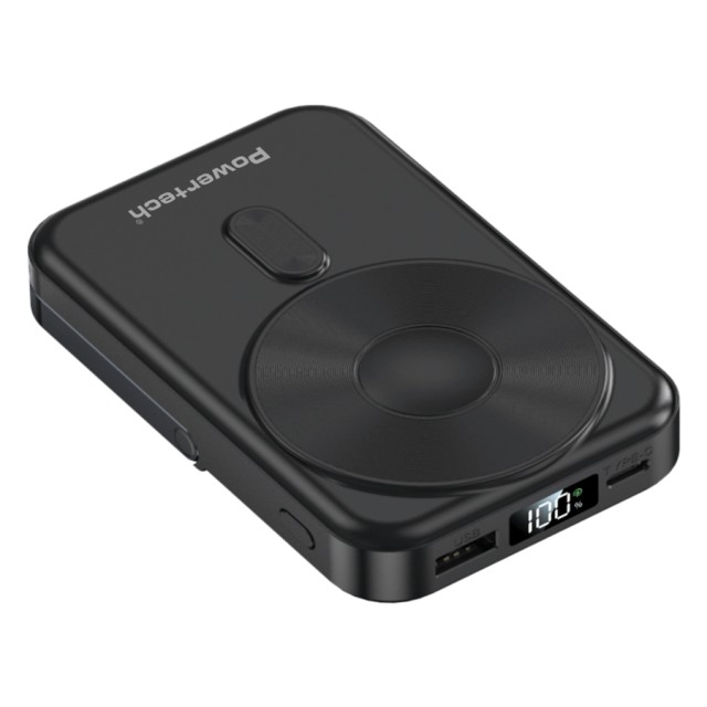 POWERTECH power bank με οθόνη PT-1416, 10000mah, magnetic wireless, 22.5W, μαύρο