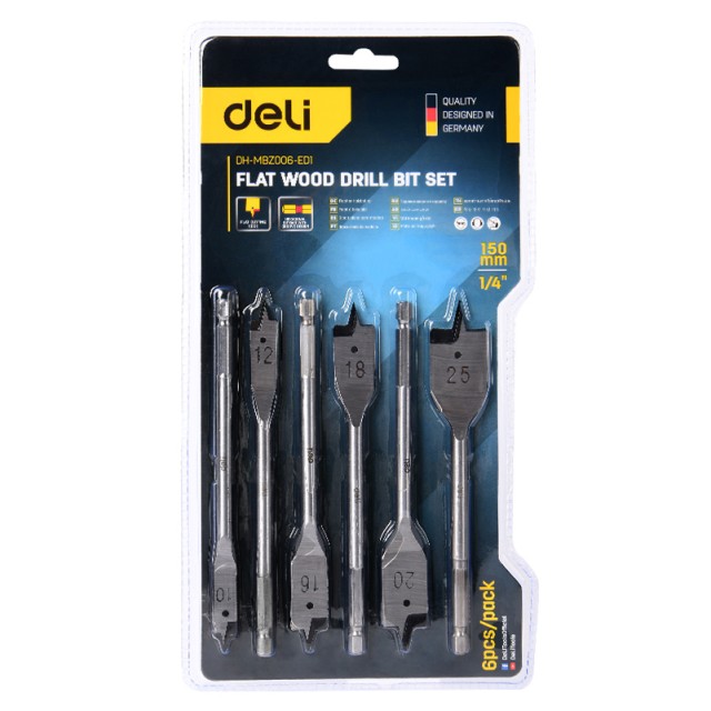 DELI σετ τρυπάνια φτερού DH-MBZ006-ED1 για ξύλο, χάλυβας άνθρακα, 10/12/16/18/20/25mm, εξάγωνο, 6τμχ DELI σετ τρυπάνια φτερού DH-MBZ006-ED1 για ξύλο, χάλυβας άνθρακα, 10/12/16/18/20/25mm, εξάγωνο, 6τμχ