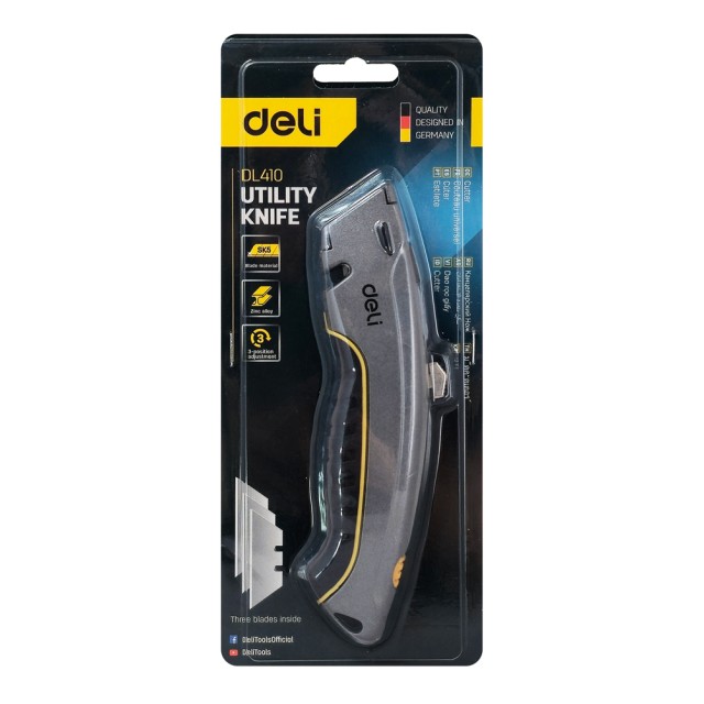 DELI κοπίδι DL410 με ανταλλακτικές λεπίδες, μεταλλικό, 19mm, γκρι DELI κοπίδι DL410 με ανταλλακτικές λεπίδες, μεταλλικό, 19mm, γκρι