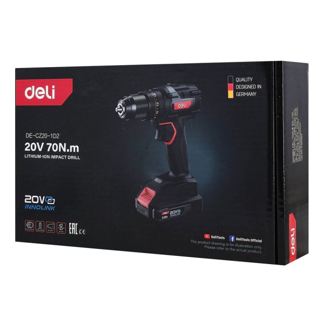 DELI κρουστικό δραπανοκατσάβιδο μπαταρίας DE-CZ20-1D2, Brushless, 20V, 2x 2Ah, 70N.m