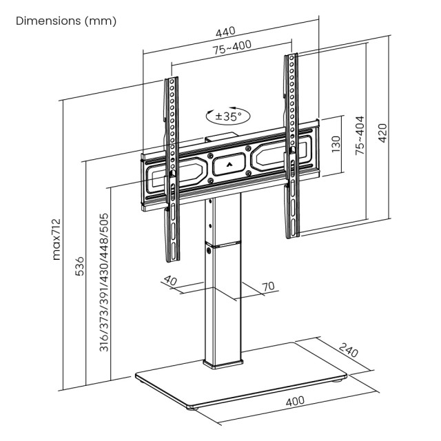 POWERTECH επιτραπέζια βάση τηλεόρασης PT-1445, 32-65", έως 40kg