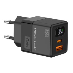 POWERTECH φορτιστής τοίχου PT-1499 με οθόνη, USB/USB-C, 35W, GaN, μαύρος