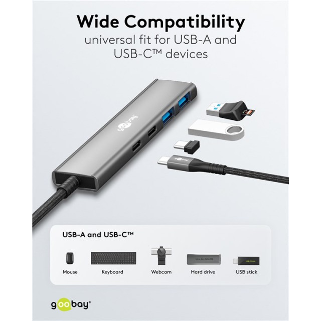 GOOBAY USB hub 76563, 4x θυρών, USB 3.2, 5Gbps, USB-C σύνδεση, γκρι