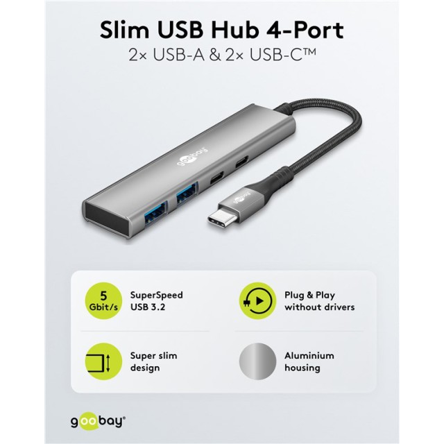 GOOBAY USB hub 76563, 4x θυρών, USB 3.2, 5Gbps, USB-C σύνδεση, γκρι