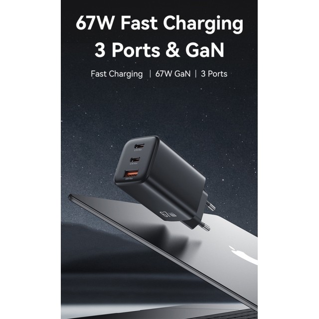 USAMS φορτιστής τοίχου CC265, USB & 2x USB-C, 67W, GaN, λευκός USAMS φορτιστής τοίχου CC265, USB & 2x USB-C, 67W, GaN, λευκός