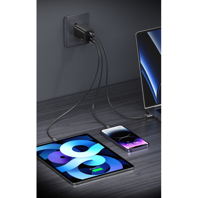 USAMS φορτιστής τοίχου CC265, USB & 2x USB-C, 67W, GaN, λευκός USAMS φορτιστής τοίχου CC265, USB & 2x USB-C, 67W, GaN, λευκός