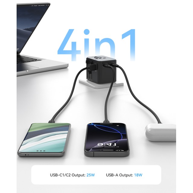USAMS φορτιστής/αντάπτορας πρίζας CC309, USB & 2x USB-C, universal, 25W, μαύρος