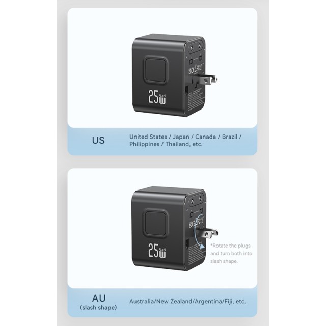 USAMS φορτιστής/αντάπτορας πρίζας CC309, USB & 2x USB-C, universal, 25W, μαύρος