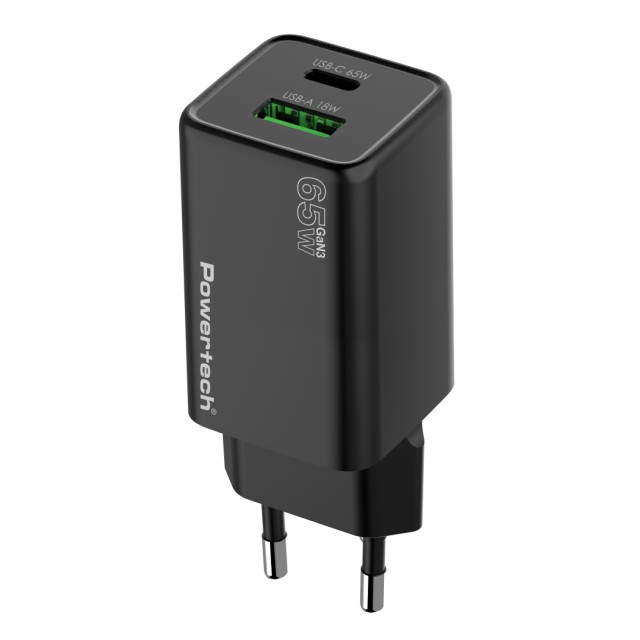 POWERTECH φορτιστής τοίχου PT-1501, USB/USB-C, 65W, GaN, μαύρος POWERTECH φορτιστής τοίχου PT-1501, USB/USB-C, 65W, GaN, μαύρος