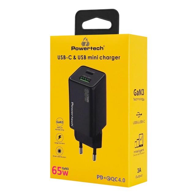 POWERTECH φορτιστής τοίχου PT-1501, USB/USB-C, 65W, GaN, μαύρος POWERTECH φορτιστής τοίχου PT-1501, USB/USB-C, 65W, GaN, μαύρος