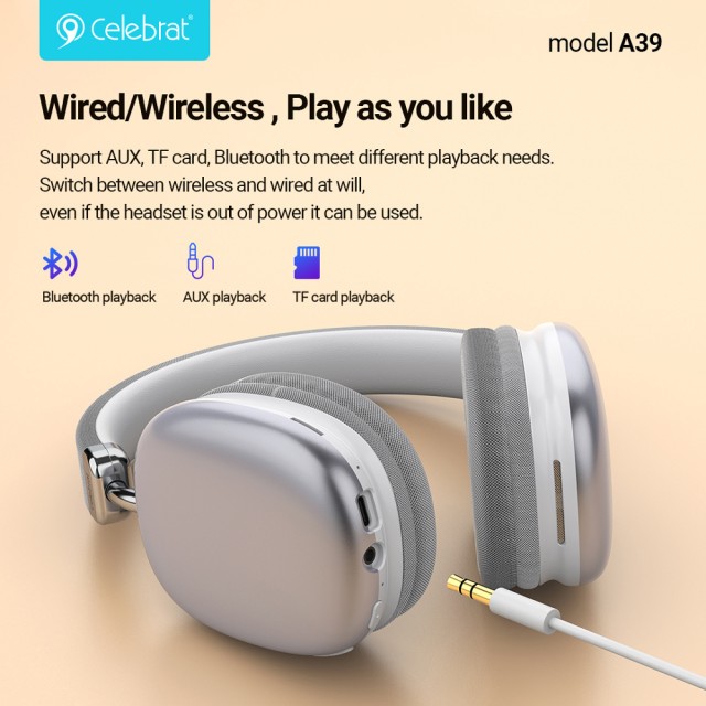 CELEBRAT headphones A39, ασύρματα & ενσύρματα, micro SD, 40mm, 400mAh, ασημί CELEBRAT headphones A39, ασύρματα & ενσύρματα, micro SD, 40mm, 400mAh, ασημί