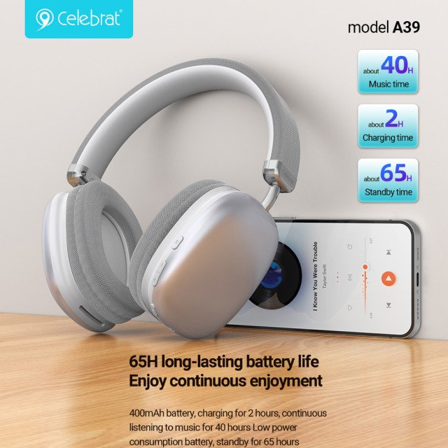 CELEBRAT headphones A39, ασύρματα & ενσύρματα, micro SD, 40mm, 400mAh, ασημί CELEBRAT headphones A39, ασύρματα & ενσύρματα, micro SD, 40mm, 400mAh, ασημί