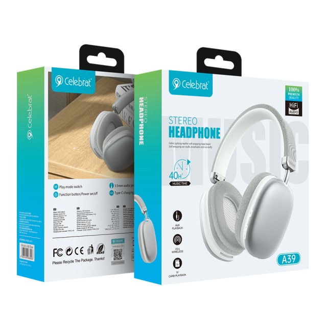 CELEBRAT headphones A39, ασύρματα & ενσύρματα, micro SD, 40mm, 400mAh, ασημί CELEBRAT headphones A39, ασύρματα & ενσύρματα, micro SD, 40mm, 400mAh, ασημί