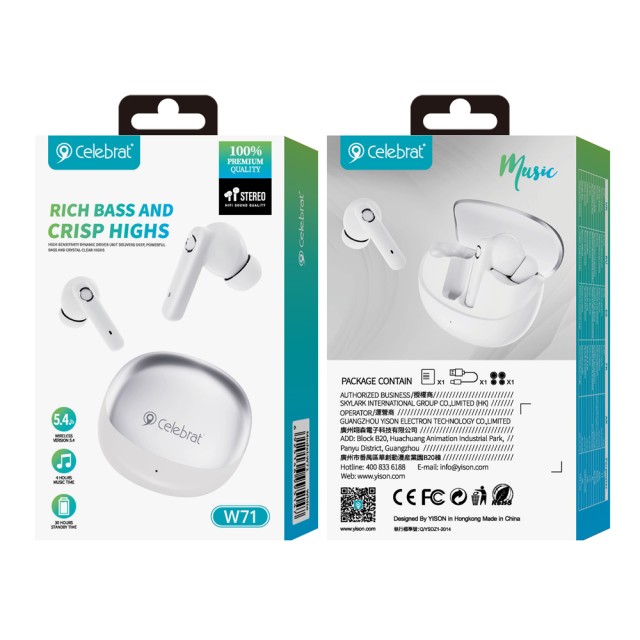 CELEBRAT earphones με θήκη φόρτισης W71, True Wireless, 10mm, 30/200mAh, λευκά CELEBRAT earphones με θήκη φόρτισης W71, True Wireless, 10mm, 30/200mAh, λευκά