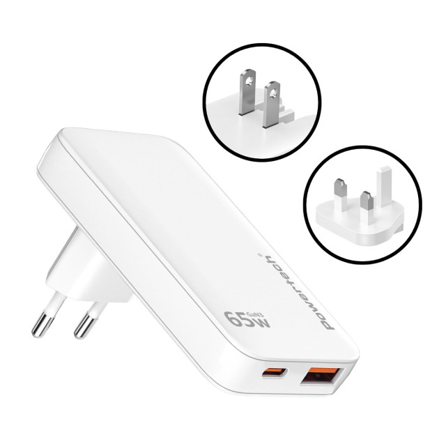 POWERTECH φορτιστής τοίχου PT-1532, EU/UK/CN βύσμα, USB/USB-C, 65W, GaN, λευκός POWERTECH φορτιστής τοίχου PT-1532, EU/UK/CN βύσμα, USB/USB-C, 65W, GaN, λευκός
