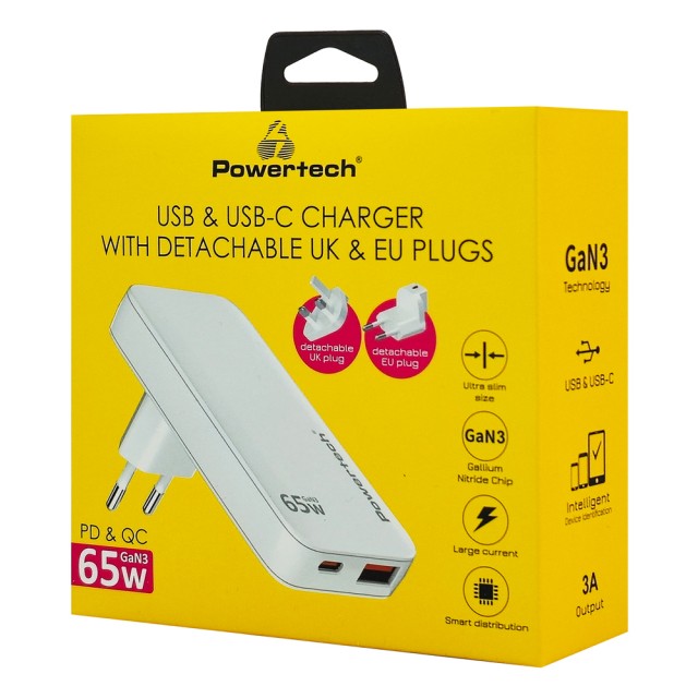 POWERTECH φορτιστής τοίχου PT-1532, EU/UK/CN βύσμα, USB/USB-C, 65W, GaN, λευκός POWERTECH φορτιστής τοίχου PT-1532, EU/UK/CN βύσμα, USB/USB-C, 65W, GaN, λευκός