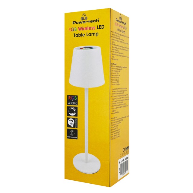 POWERTECH LED επιτραπέζιο φωτιστικό HLL-0196, RGB, ρυθμιζόμενο, επαναφορτιζόμενο, λευκό