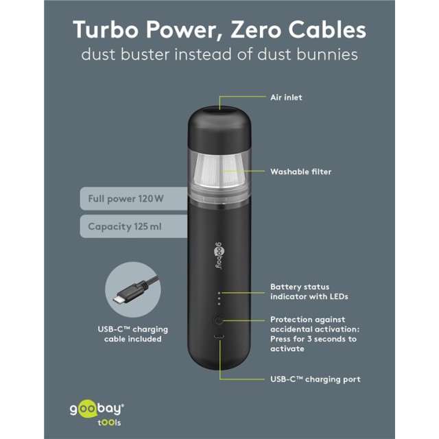 GOOBAY 2 σε 1 σκουπάκι χειρός & air duster 77829, 120W, 6000mAh, μαύρο