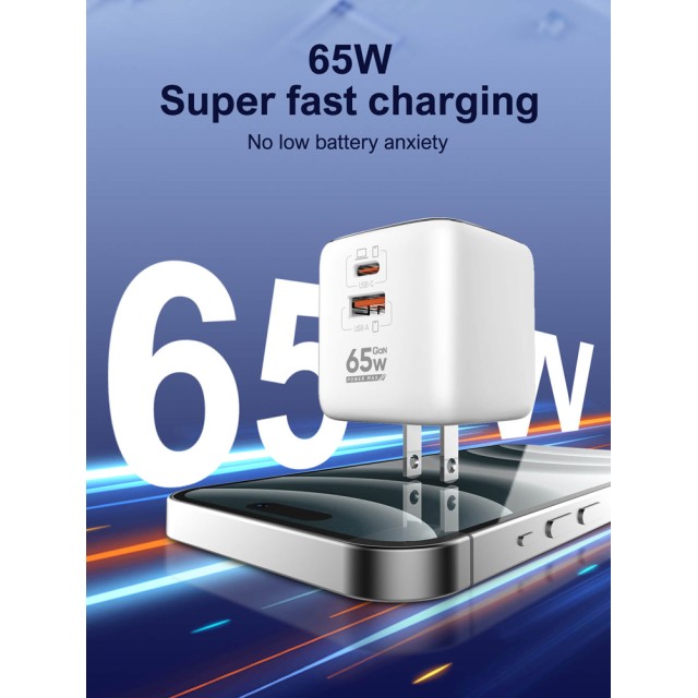 LDNIO φορτιστής τοίχου Q2617 με καλώδιο USB-C, EU/UK/US βύσμα, USB/USB-C, 65W, GaN, λευκός
