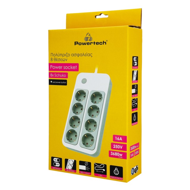 POWERTECH πολύπριζο ασφαλείας PT-1534, 8 θέσεων, 16A, 1.5m, λευκό