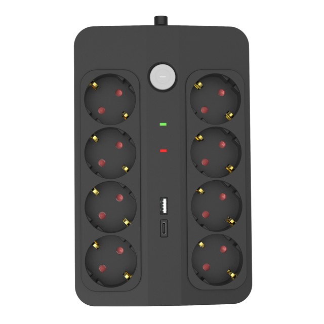 POWERTECH πολύπριζο ασφαλείας PT-1535, 8 θέσεων, με USB & USB-C θύρες, 16A, 1.5m, μαύρο