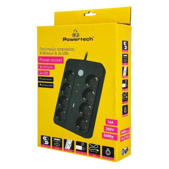 POWERTECH πολύπριζο ασφαλείας PT-1535, 8 θέσεων, με USB & USB-C θύρες, 16A, 1.5m, μαύρο