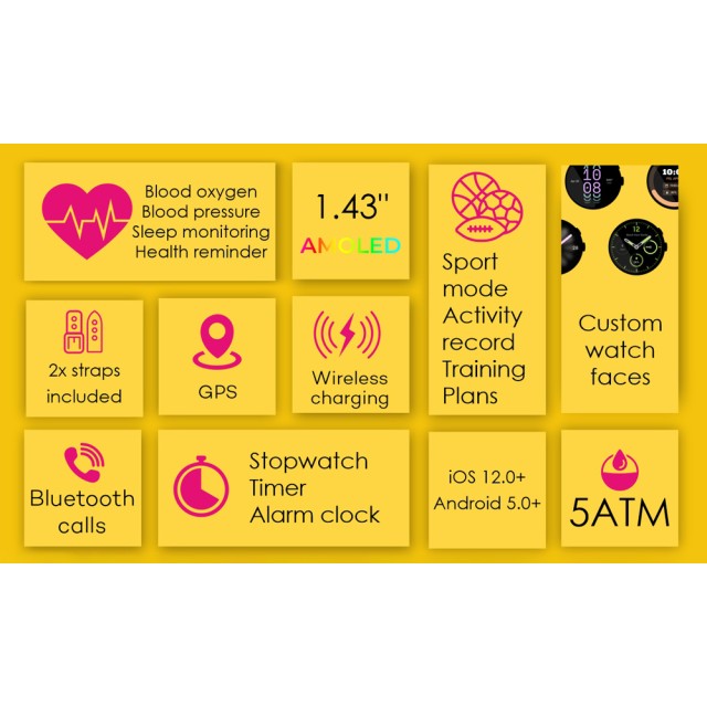 INTIME smartwatch G6 με 2x λουράκια, heart rate, 1.43" AMOLED, GPS, 5ATM, μαύρο