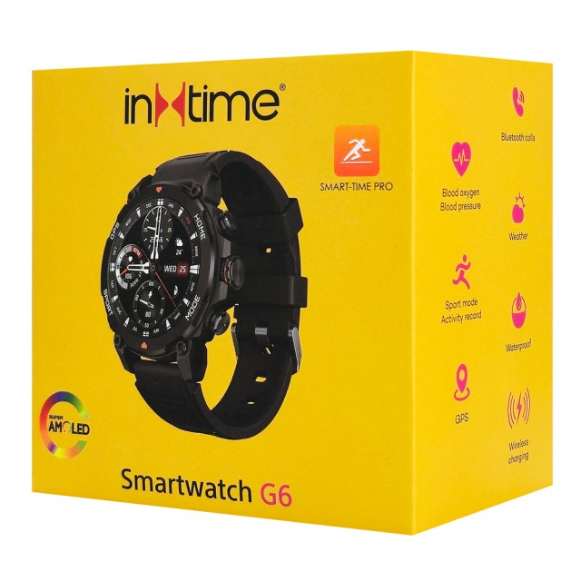 INTIME smartwatch G6 με 2x λουράκια, heart rate, 1.43" AMOLED, GPS, 5ATM, μαύρο
