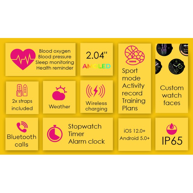 INTIME smartwatch A10 Pro με 2x λουράκια, heart rate, 2.04" AMOLED, IP65, μαύρο