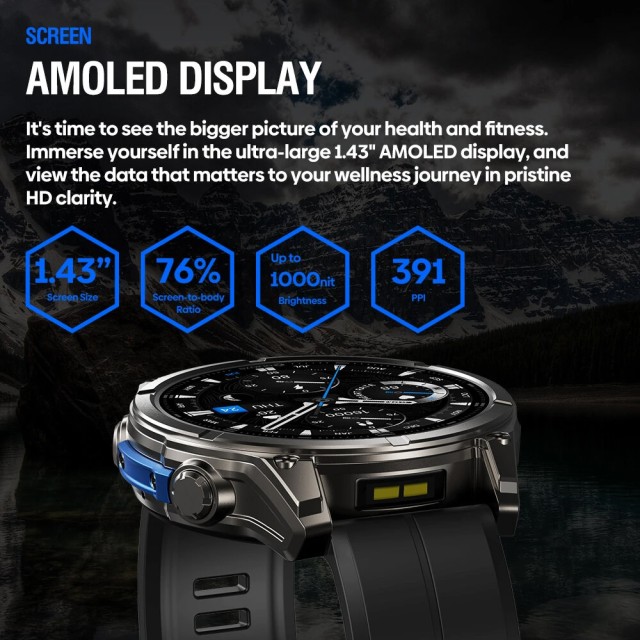 ZEBLAZE smartwatch Vibe 8 με φακό, heart rate, 1.43" AMOLED, 5 ΑΤΜ, MIL-STD-810H, μαύρο