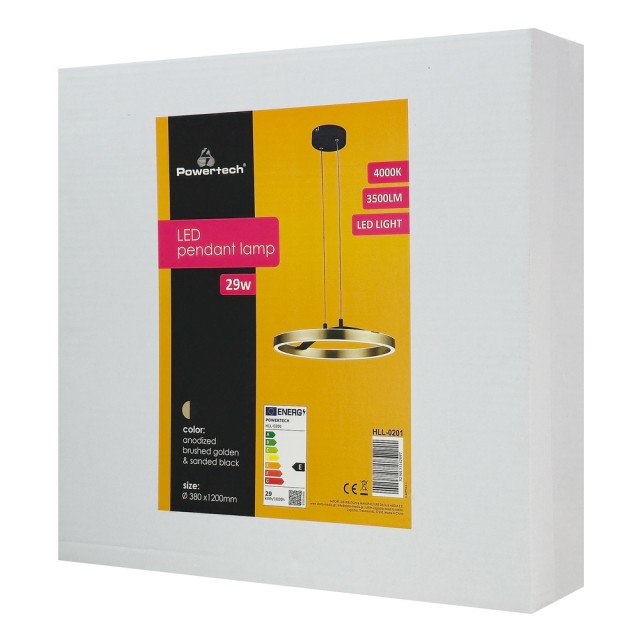 POWERTECH LED φωτιστικό οροφής HLL-0201, 29W, 4000K, Φ38x120cm, χρυσό/μαύρο