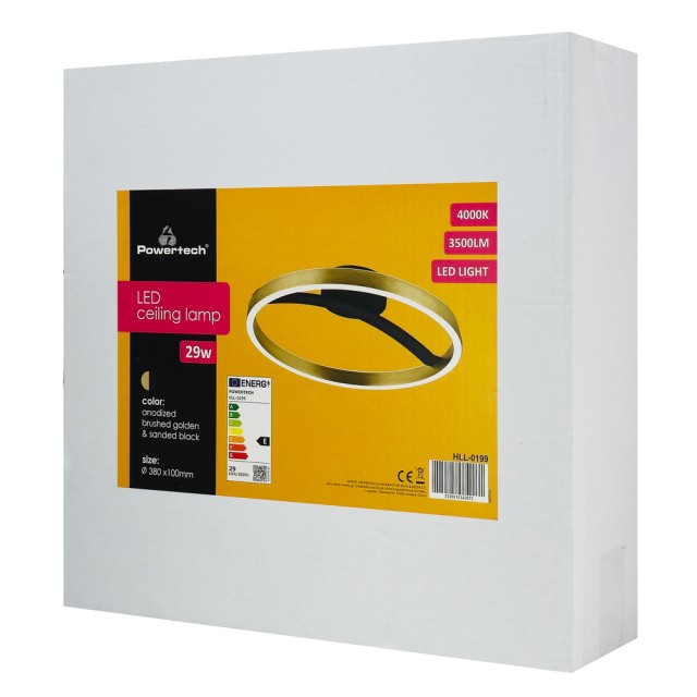 POWERTECH LED φωτιστικό οροφής HLL-0199, 29W, 4000K, Φ38x10cm, χρυσό/μαύρο