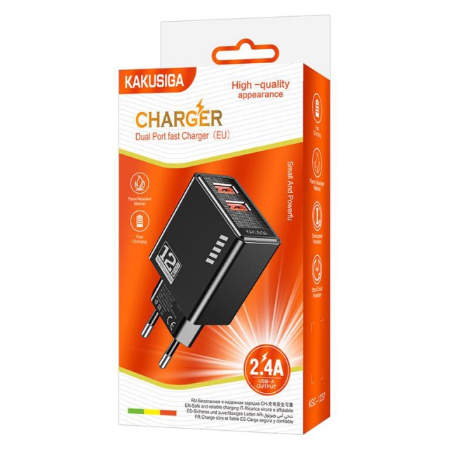 KAKUSIGA φορτιστής τοίχου KSC-1237, 2x USB, 12W, μαύρος