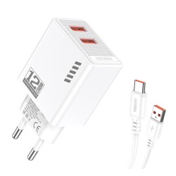KAKUSIGA φορτιστής τοίχου KSC-1238 με καλώδιο USB-C, 2x USB, 12W, λευκός