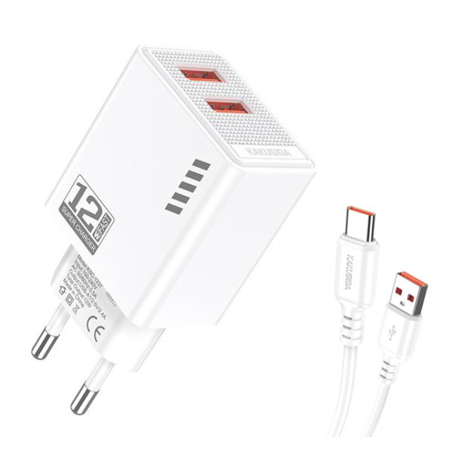 KAKUSIGA φορτιστής τοίχου KSC-1238 με καλώδιο USB-C, 2x USB, 12W, λευκός