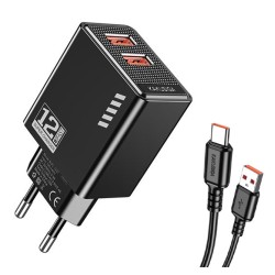 KAKUSIGA φορτιστής τοίχου KSC-1238 με καλώδιο USB-C, 2x USB, 12W, μαύρος