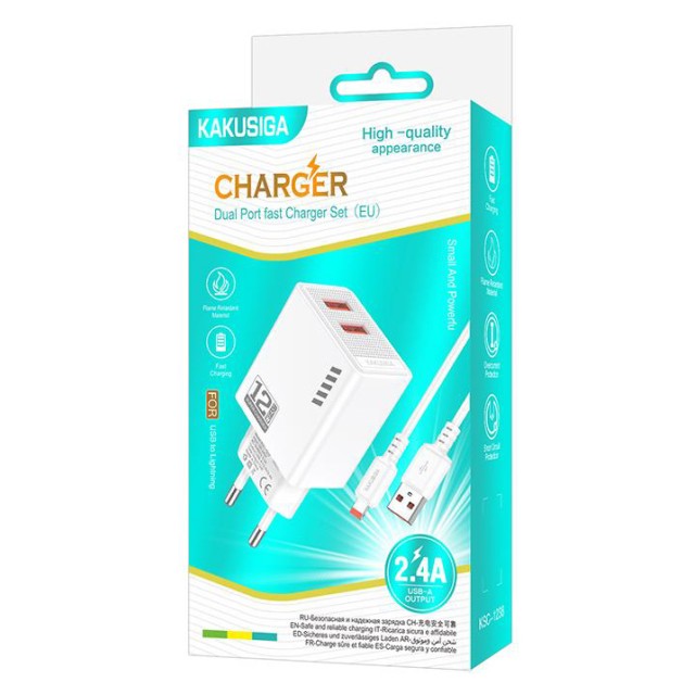 KAKUSIGA φορτιστής τοίχου KSC-1238 με καλώδιο Lightning, 2x USB, 12W, λευκός