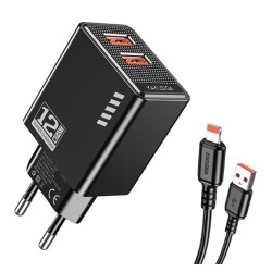 KAKUSIGA φορτιστής τοίχου KSC-1238 με καλώδιο Lightning, 2x USB, 12W, μαύρος