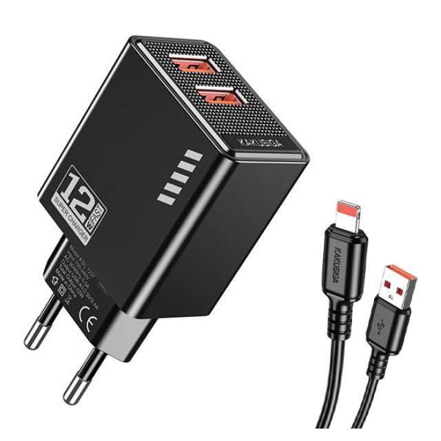 KAKUSIGA φορτιστής τοίχου KSC-1238 με καλώδιο Lightning, 2x USB, 12W, μαύρος