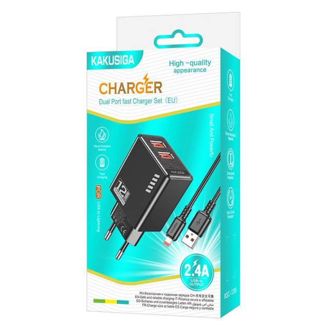 KAKUSIGA φορτιστής τοίχου KSC-1238 με καλώδιο Lightning, 2x USB, 12W, μαύρος