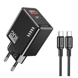 KAKUSIGA φορτιστής τοίχου KSC-1240 με καλώδιο USB-C, USB & USB-C, 20W, μαύρος