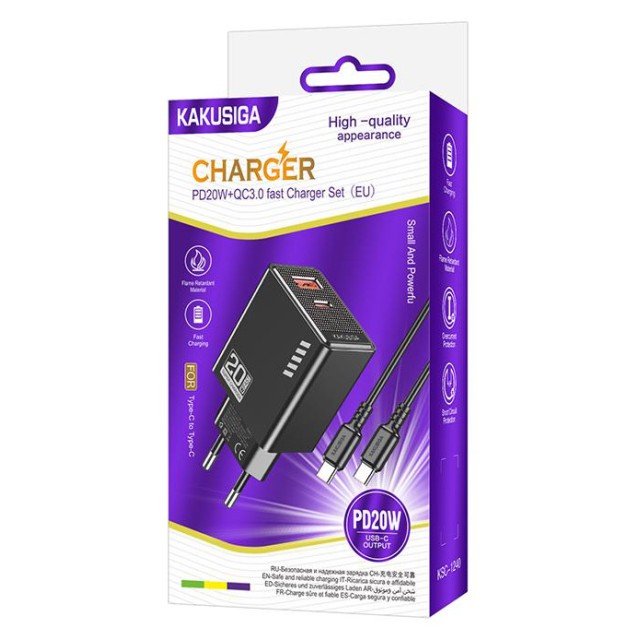 KAKUSIGA φορτιστής τοίχου KSC-1240 με καλώδιο USB-C, USB & USB-C, 20W, μαύρος