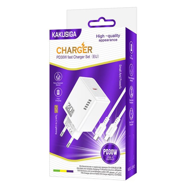 KAKUSIGA φορτιστής τοίχου KSC-1242 με καλώδιο USB-C, USB-C, 30W, λευκός