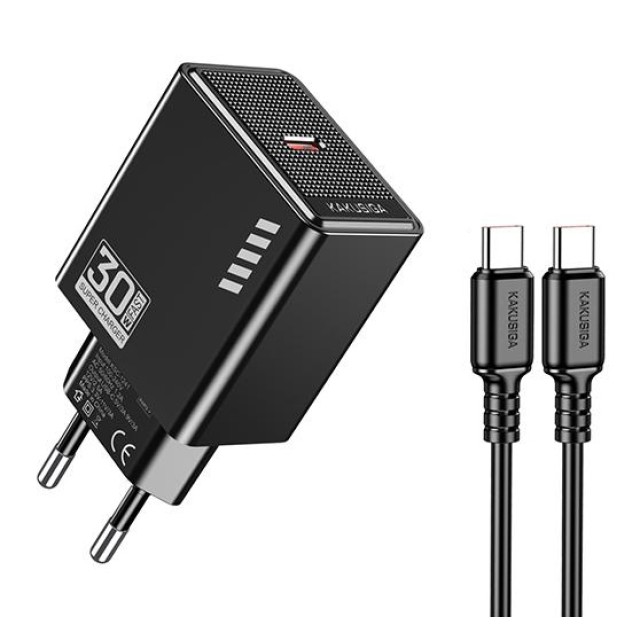 KAKUSIGA φορτιστής τοίχου KSC-1242 με καλώδιο USB-C, USB-C, 30W, μαύρος