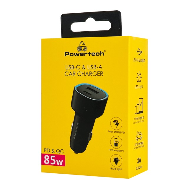 POWERTECH φορτιστής αυτοκινήτου PT-1539, USB & USB-C, 85W, μαύρος
