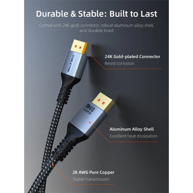CABLETIME καλώδιο DisplayPort 2.1 CT-DP16K, VESA Certified, 16K/60Hz, 80 Gbps, 2m, μαύρο