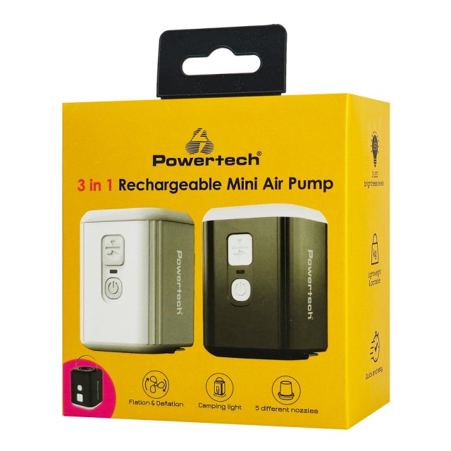 POWERTECH μίνι τρόμπα PT-1554 με φακό, 5W, επαναφορτιζόμενη, μαύρη