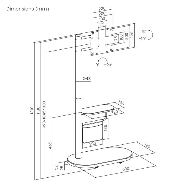 BRATECK βάση τηλεόρασης δαπέδου FS54-22T-02W, 17-43", έως 15kg, με ράφι & ροδάκια, μαύρη